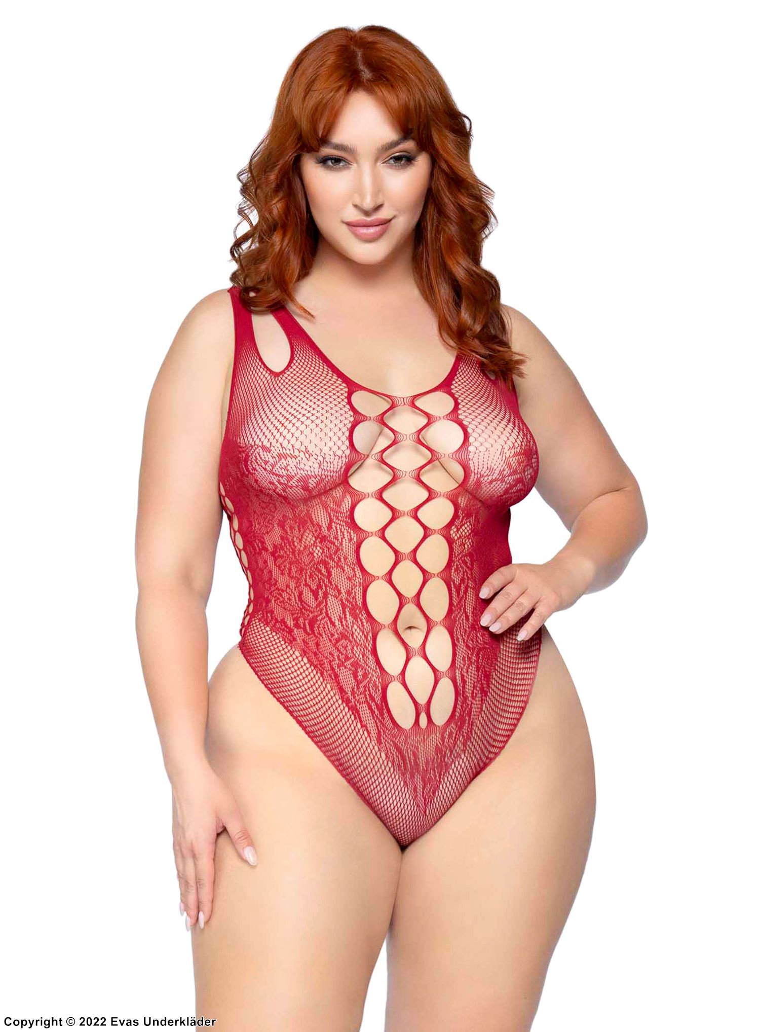 Patterned body, stretch net, seamless, lace details, double straps, plus size
